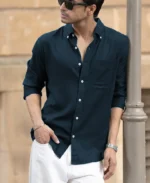 Airforce Blue Linen Blend Shirt - Image 3