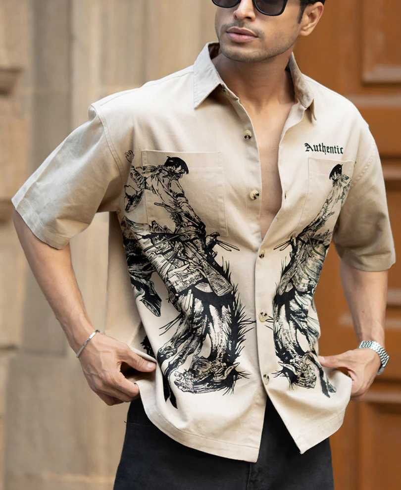 Beige Cowboy Print Boxy Shirt2 Beige Cowboy Print Boxy Shirt - Image 1