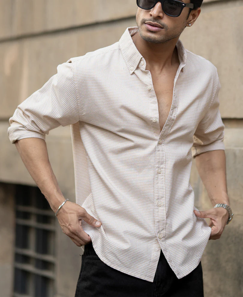 Beige Microchecks Oxford Shirt3 Beige Microchecks Oxford Shirt - Image 1