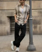 Beige Structured Checked Shirt - Image 6