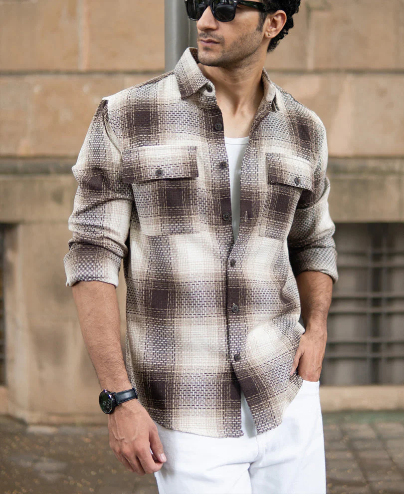 Beige Structured Checks Shirt1 Beige Structured Checks Shirt - Image 1