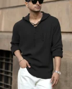 Black Crinkled Hooded Shirt - Image 2