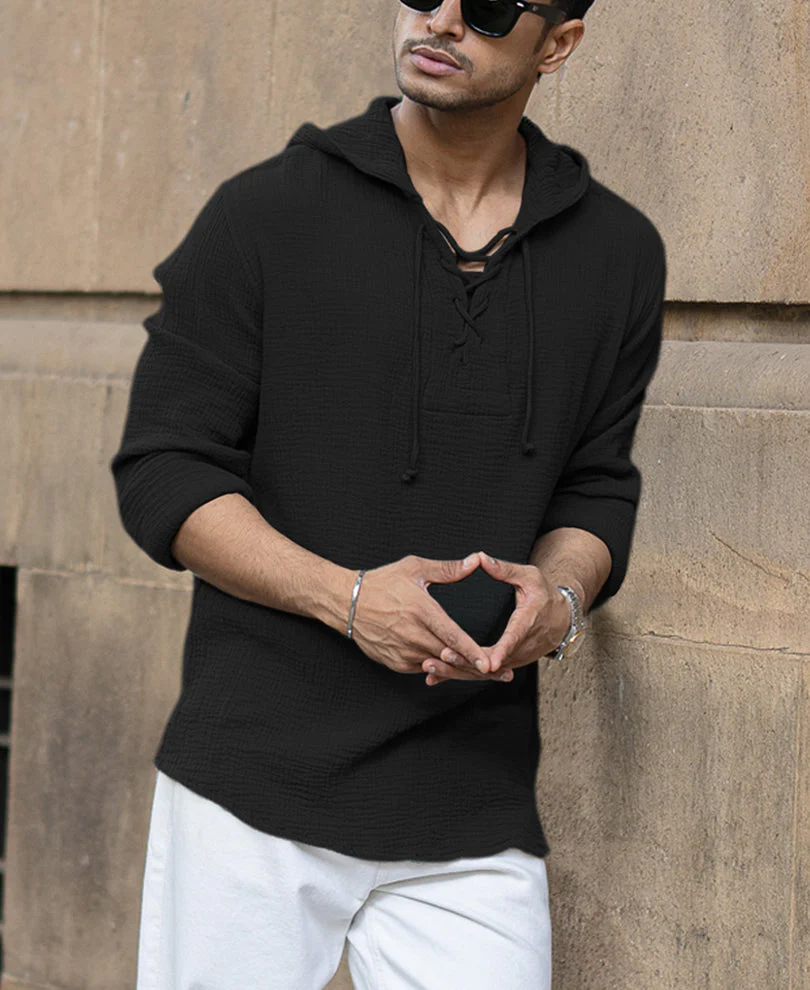 Black Crinkled Hooded Shirt2 Black Crinkled Hooded Shirt - Image 1