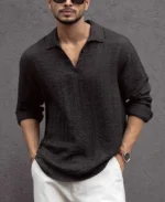 Black Kurta Style Regular Fit Full Sleeves Shirt