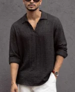 Black Kurta Style Regular Fit Full Sleeves Shirt - Image 3