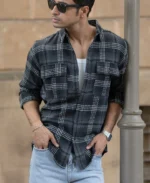 Black Structured Double Pockets Checked Shirt