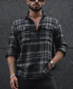 Black and Grey Checked Regular Fit Overshirt with Full Sleeve
