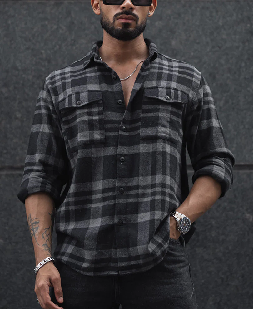 Black and Grey Checked Regular Fit Overshirt with Full Sleeves2 Black and Grey Checked Regular Fit Overshirt with Full Sleeve - Image 1