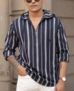 Blue And White Stripes Regular Fit Full Sleeves Hoodie Shirt - Image 6