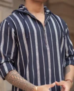 Blue And White Stripes Regular Fit Full Sleeves Hoodie Shirt - Image 3