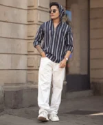 Blue And White Stripes Regular Fit Full Sleeves Hoodie Shirt