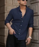 Blue Corduroy Regular Fit Full Sleeves Shirt - Image 7