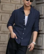 Blue Corduroy Regular Fit Full Sleeves Shirt