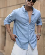 Blue Knitted Button Down Shirt