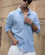Blue Knitted Button Down Shirt - Image 6