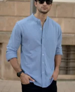 Blue Knitted Mandarin Collar Shirt - Image 7