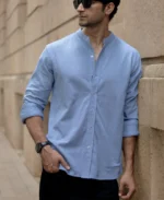 Blue Knitted Mandarin Collar Shirt - Image 6