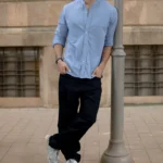 Blue Knitted Mandarin Collar Shirt