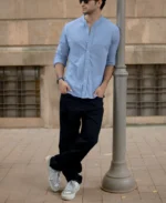 Blue Knitted Mandarin Collar Shirt