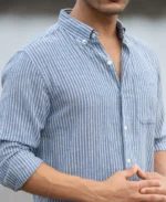 Blue Linen Blend Stripe Shirt - Image 7