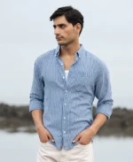 Blue Linen Blend Stripe Shirt - Image 6