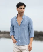 Blue Linen Blend Stripe Shirt