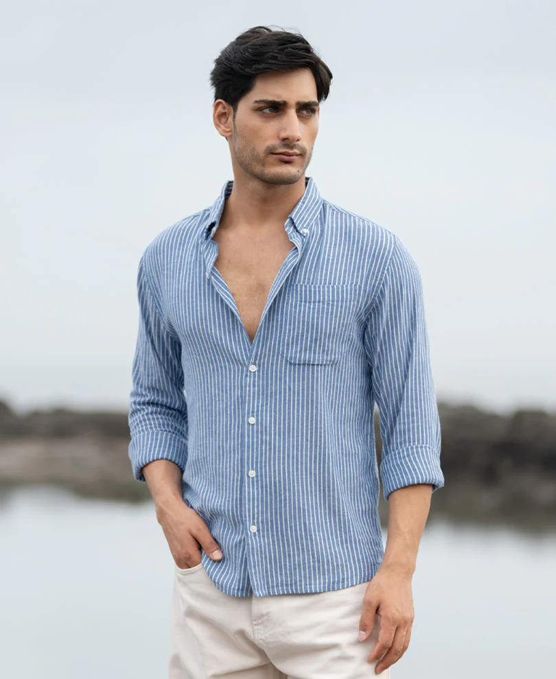 Blue Linen Blend Stripe Shirt 3 Blue Linen Blend Stripe Shirt - Image 1