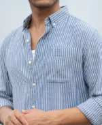 Blue Linen Blend Stripe Shirt - Image 4