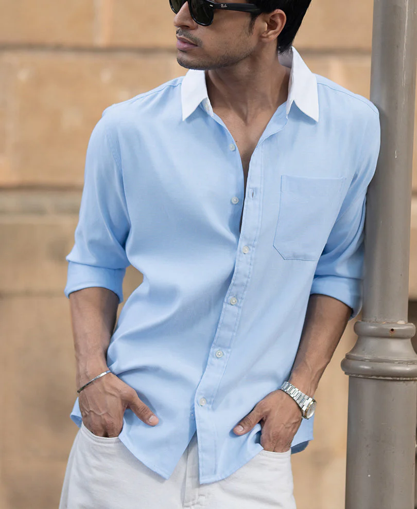 Blue Oxford Shirt With Contrast Collar 1 Blue Oxford Shirt With Contrast Collar - Image 1