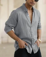 Blue Plain Full Sleeves Regular Fit Shirt - Image 4