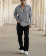 Blue Plain Full Sleeves Regular Fit Shirt - Image 2