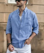 Blue Slub Linen Blend Shirt - Image 7