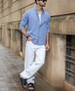 Blue Slub Linen Blend Shirt - Image 2