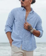 Blue and White Regular fit Striped Full Sleeves Shirt - Image 6