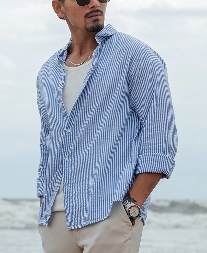 Blue and White Regular fit Striped Full Sleeves Shirt 3 Blue and White Regular fit Striped Full Sleeves Shirt - Image 1