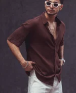 Brown Rib Knit Oversize Drop Shoulder Shirt - Image 5