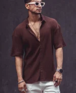 Brown Rib Knit Oversize Drop Shoulder Shirt - Image 4