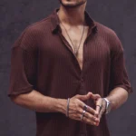 Brown Rib Knit Oversize Drop Shoulder Shirt