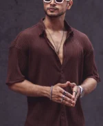 Brown Rib Knit Oversize Drop Shoulder Shirt