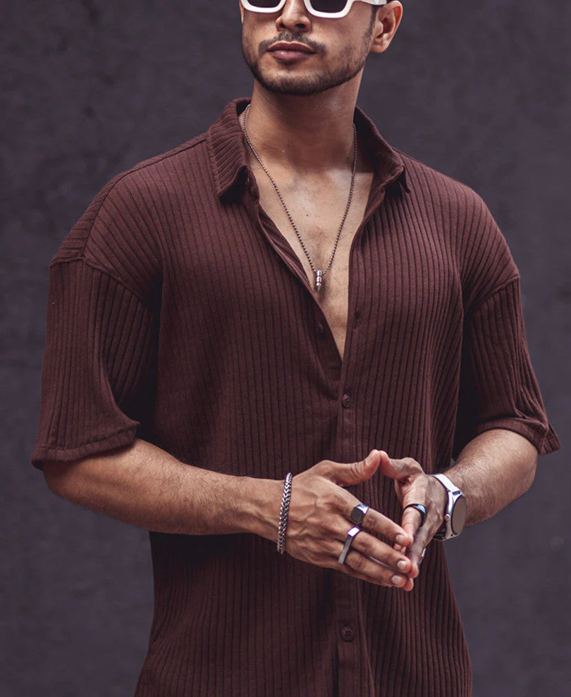 Brown Rib Knit Oversize Drop Shoulder Shirt3 Brown Rib Knit Oversize Drop Shoulder Shirt - Image 1