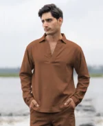Brown Structured Cotton Kurta Shirt - Image 5