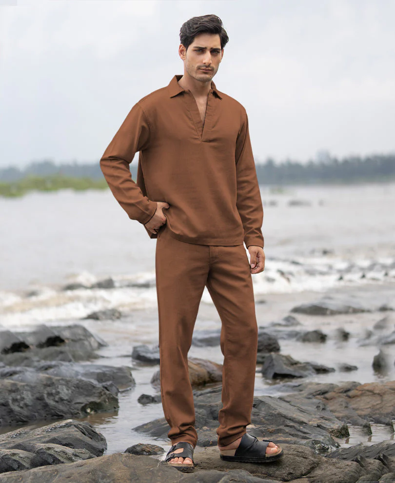 Brown Structured Cotton Kurta Shirt4 Brown Structured Cotton Kurta Shirt - Image 1