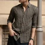 Brown Structured Self Striped Shirt