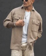 Camel Structured Double Pockets Shacket Oversized Shirt - Image 6
