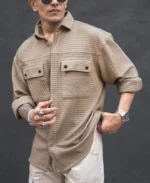 Camel Structured Double Pockets Shacket Oversized Shirt - Image 5