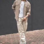 Camel Structured Double Pockets Shacket Oversized Shirt