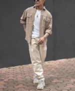 Camel Structured Double Pockets Shacket Oversized Shirt