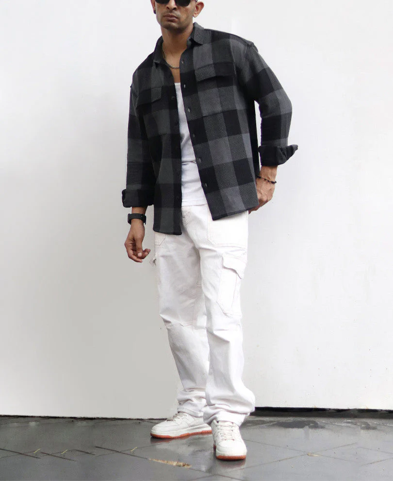 Charcoal Black Checks Structured Oversize Drop Shoulder Shirt2 Charcoal Black Checks Structured Oversize Drop Shoulder Shirt - Image 1