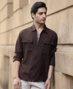 Coffee Brown Linen Blend Zipper Shirt - Image 5