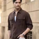 Coffee Brown Linen Blend Zipper Shirt